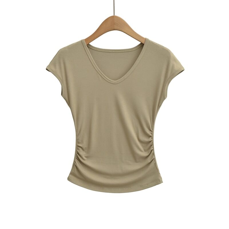 Ruched Cap Sleeve V-Neck Tee