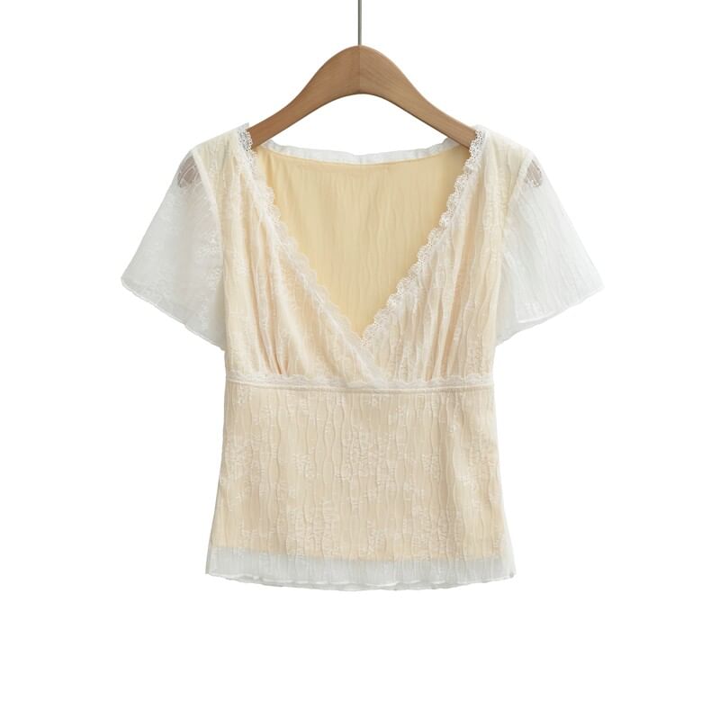 Lace Overlay V-Neck Short Sleeve Top
