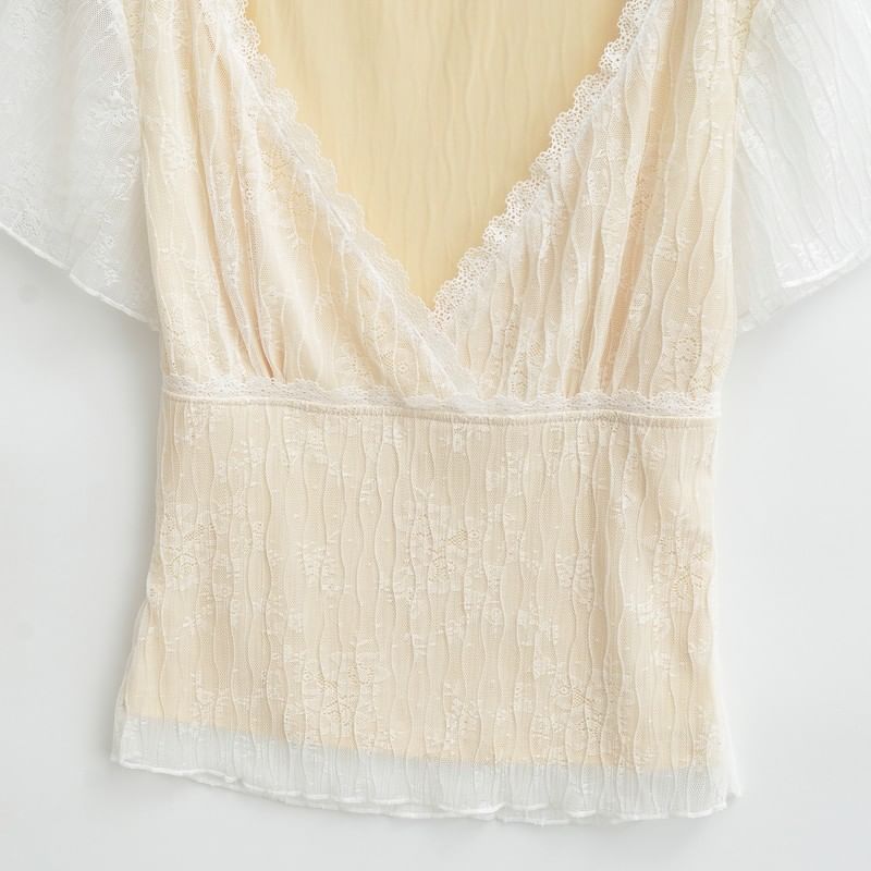 Lace Overlay V-Neck Short Sleeve Top