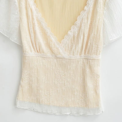 Lace Overlay V-Neck Short Sleeve Top