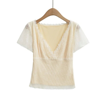 Lace Overlay V-Neck Short Sleeve Top