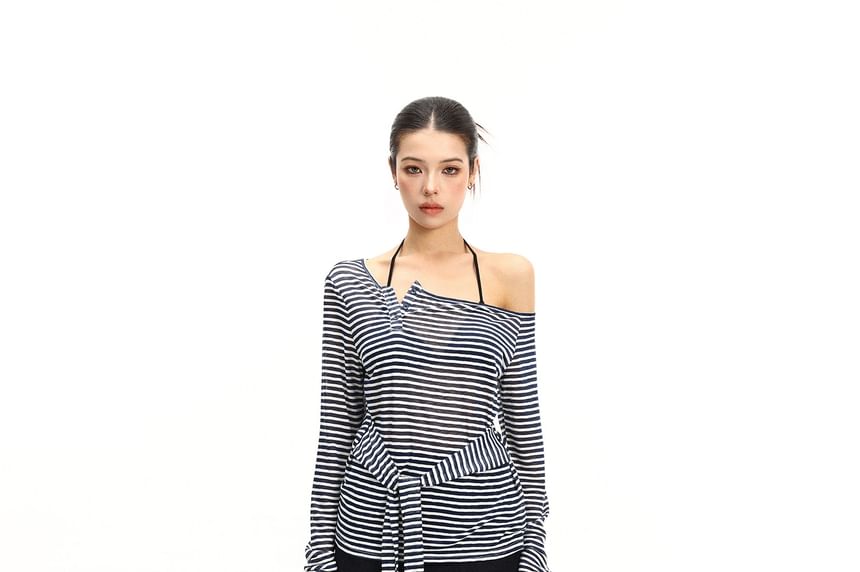 Long-Sleeve Off-Shoulder Striped Tie Waist T-Shirt