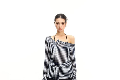 Long-Sleeve Off-Shoulder Striped Tie Waist T-Shirt