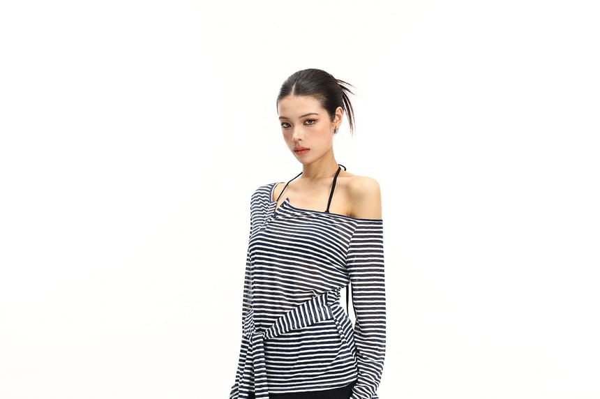Long-Sleeve Off-Shoulder Striped Tie Waist T-Shirt
