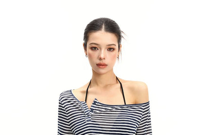 Long-Sleeve Off-Shoulder Striped Tie Waist T-Shirt