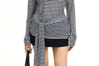 Long-Sleeve Off-Shoulder Striped Tie Waist T-Shirt