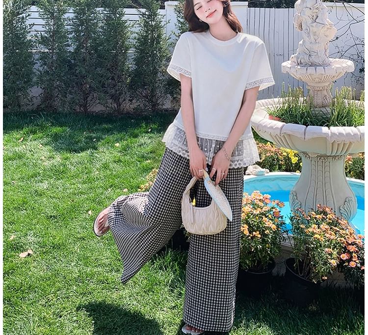 Maternity Crew Neck Lace Panel Tee & High Waist Checked Culottes