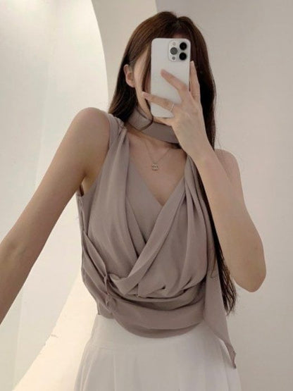 V-Neck Plain Ruched Cropped Tank Top