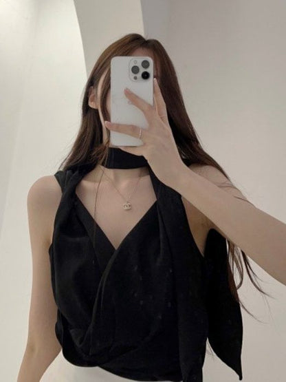 V-Neck Plain Ruched Cropped Tank Top