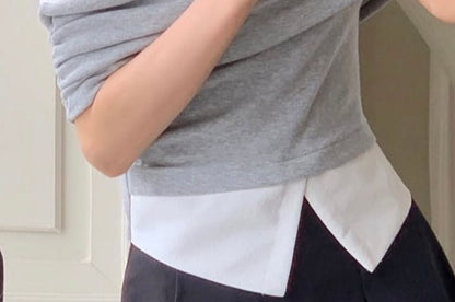 Short-Sleeve Off-Shoulder Two-Tone Ruched Blouse