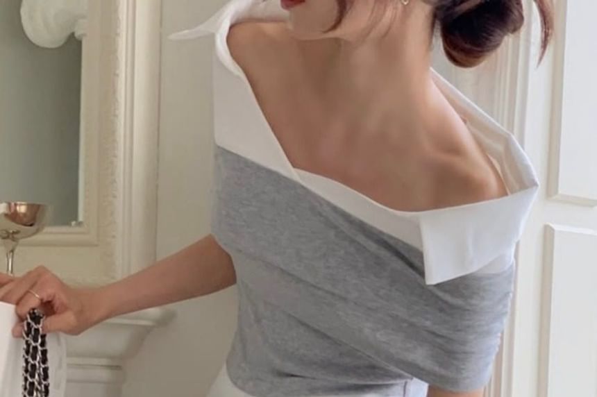 Short-Sleeve Off-Shoulder Two-Tone Ruched Blouse