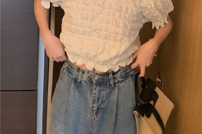 Short Sleeve Round Neck Waffle Textured Crop Blouse