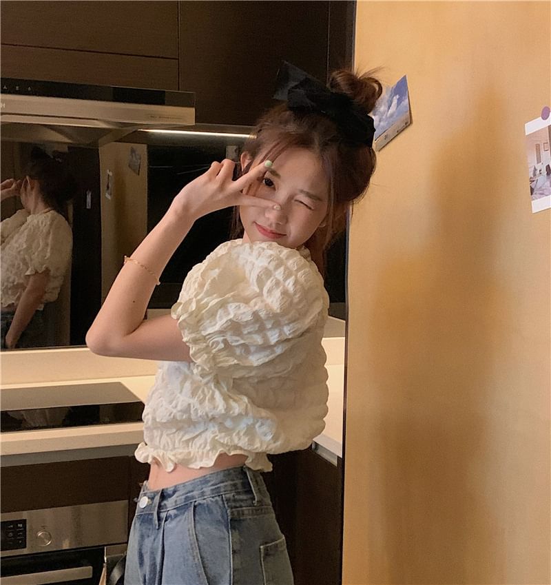 Short Sleeve Round Neck Waffle Textured Crop Blouse