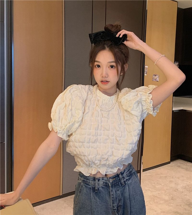 Short Sleeve Round Neck Waffle Textured Crop Blouse