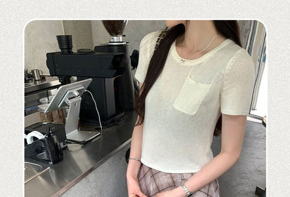 Short Sleeve Round Neck Plain Knit Top