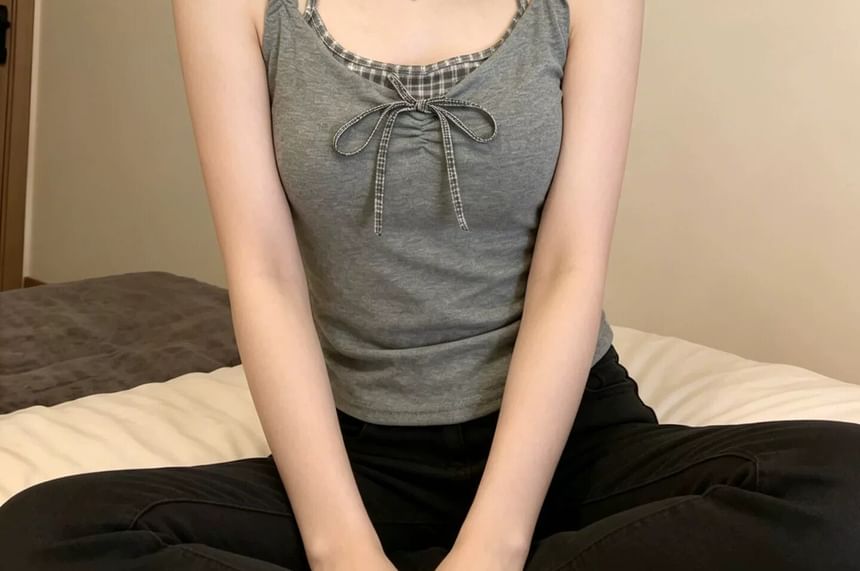 Halter Plaid Bow Mock Two Piece Camisole Top