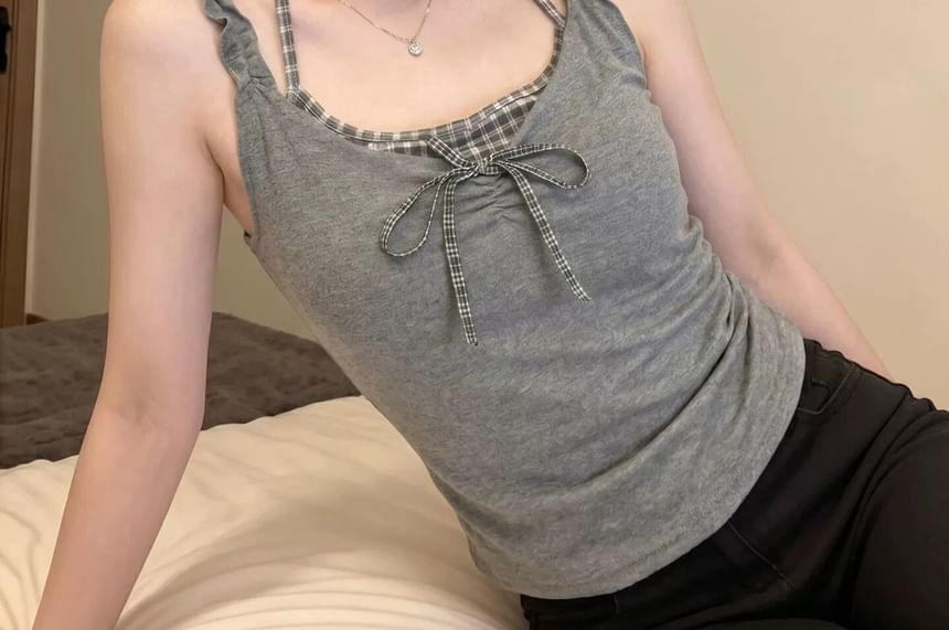 Halter Plaid Bow Mock Two Piece Camisole Top