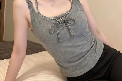 Halter Plaid Bow Mock Two Piece Camisole Top