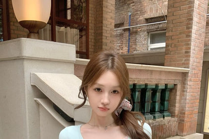 Short Sleeve Scoop Neck Mock Two Piece Lace Trim T-Shirt