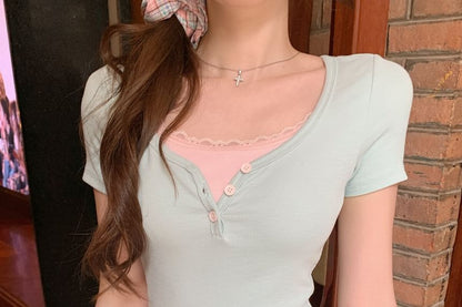 Short Sleeve Scoop Neck Mock Two Piece Lace Trim T-Shirt