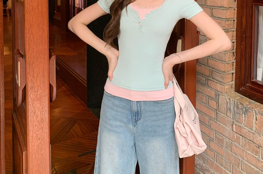 Short Sleeve Scoop Neck Mock Two Piece Lace Trim T-Shirt