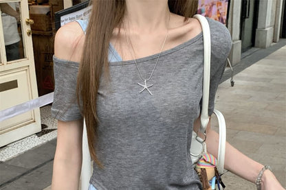 Short Sleeve Cold Shoulder Mock Two Piece Top