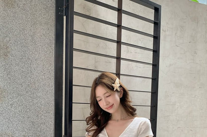 Short Sleeve V-Neck Plain Bow Panel Top