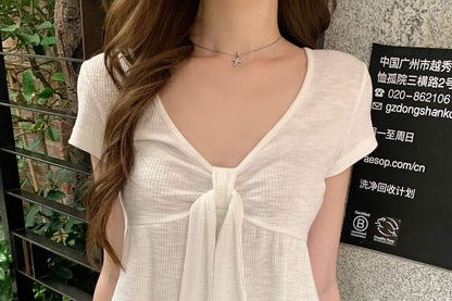 Short Sleeve V-Neck Plain Bow Panel Top