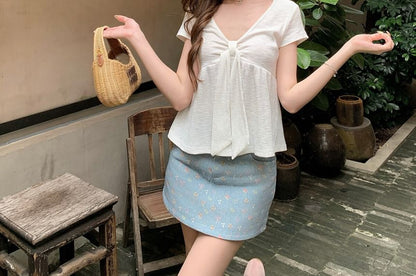 Short Sleeve V-Neck Plain Bow Panel Top