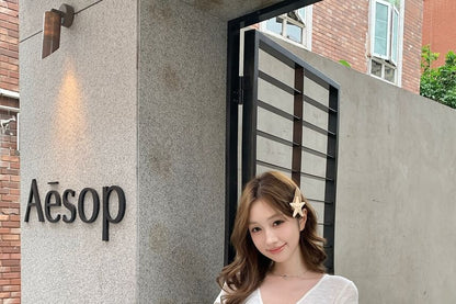 Short Sleeve V-Neck Plain Bow Panel Top