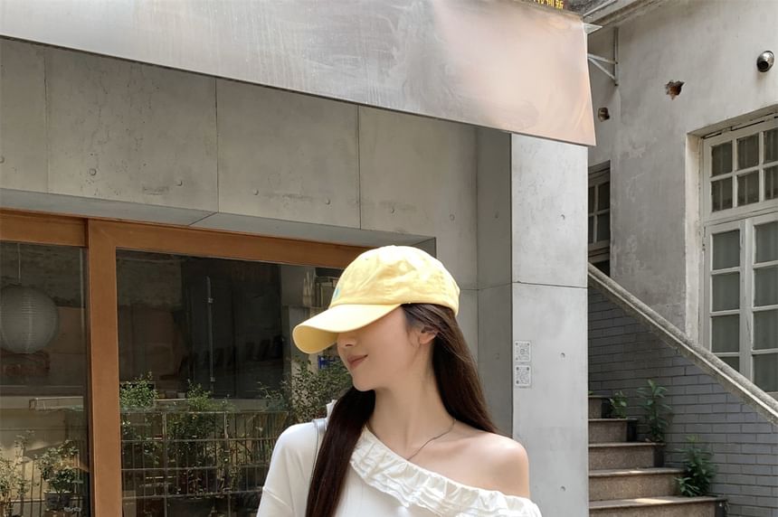 Short Sleeve One Shoulder Plain Ruffle Top