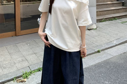 Short Sleeve One Shoulder Plain Ruffle Top