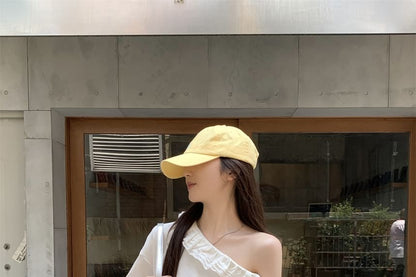 Short Sleeve One Shoulder Plain Ruffle Top