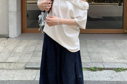 Short Sleeve One Shoulder Plain Ruffle Top