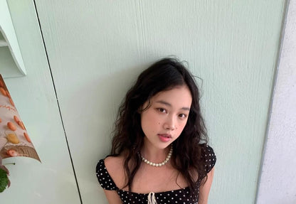Cap Sleeve Square Neck Dotted Bow Top