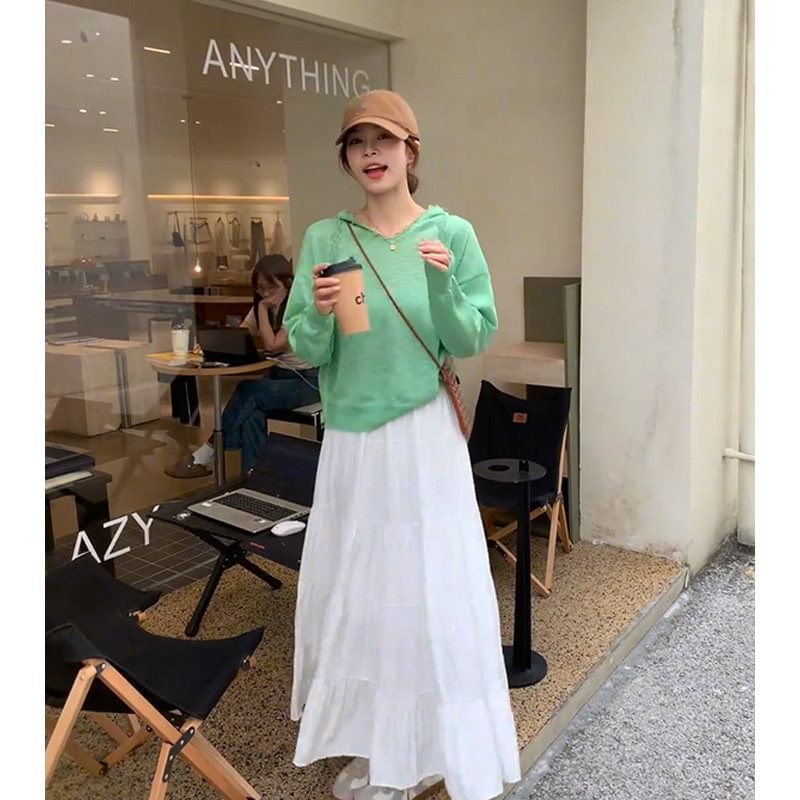 Long Sleeve Plain Hooded Lace Trim Knit Top