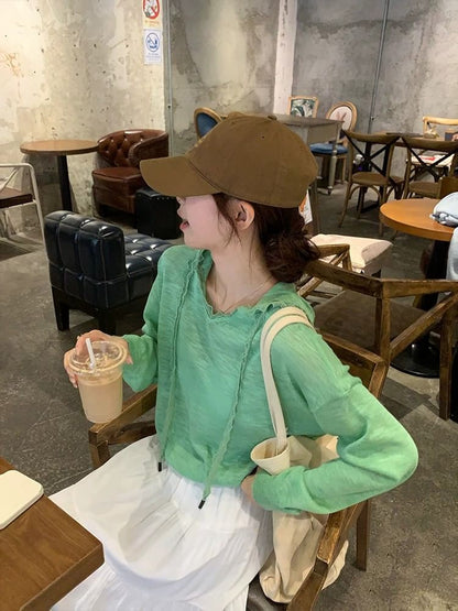 Long Sleeve Plain Hooded Lace Trim Knit Top