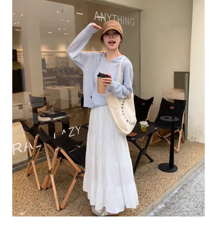 Long Sleeve Plain Hooded Lace Trim Knit Top
