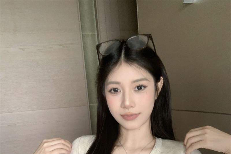 Short-Sleeve Henley Plain Knit Top