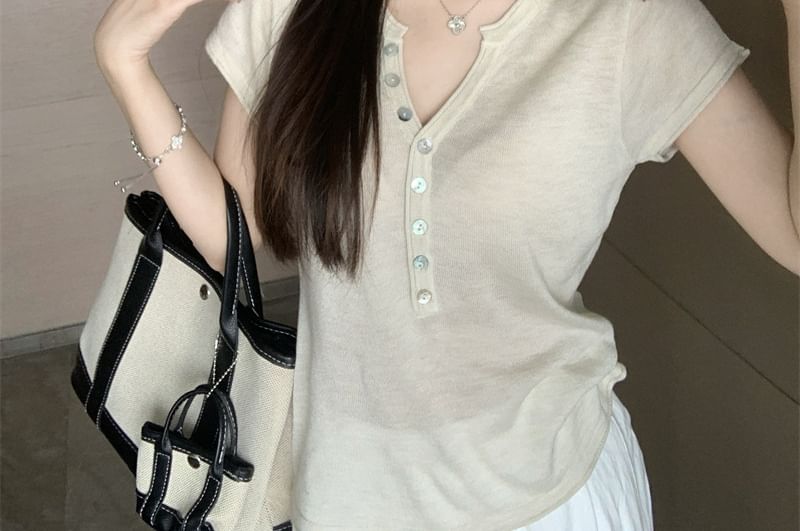 Short-Sleeve Henley Plain Knit Top