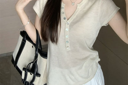 Short-Sleeve Henley Plain Knit Top