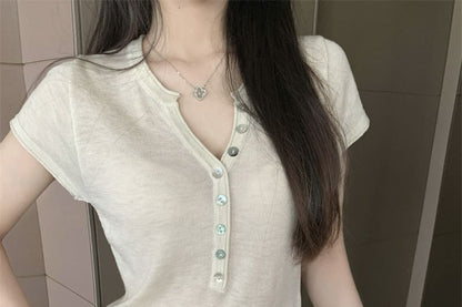 Short-Sleeve Henley Plain Knit Top