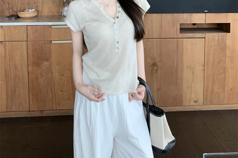 Short-Sleeve Henley Plain Knit Top