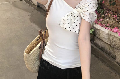 Short-Sleeve V-Neck Polka Dot Bow T-Shirt