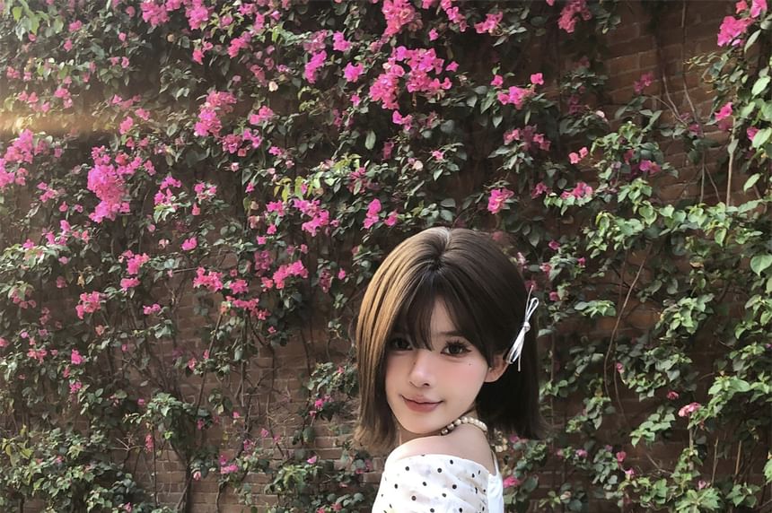 Short-Sleeve V-Neck Polka Dot Bow T-Shirt
