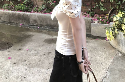 Short-Sleeve V-Neck Polka Dot Bow T-Shirt