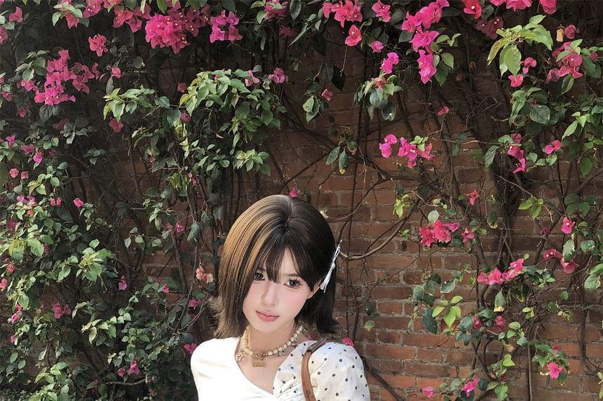 Short-Sleeve V-Neck Polka Dot Bow T-Shirt