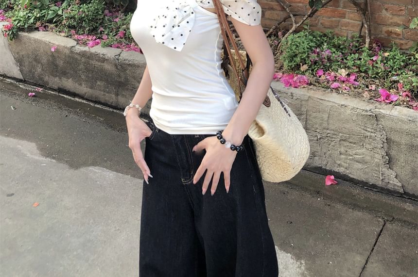 Short-Sleeve V-Neck Polka Dot Bow T-Shirt