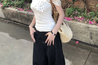 Short-Sleeve V-Neck Polka Dot Bow T-Shirt