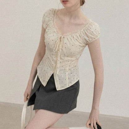Short-Sleeve V-Neck Dotted Crop Top